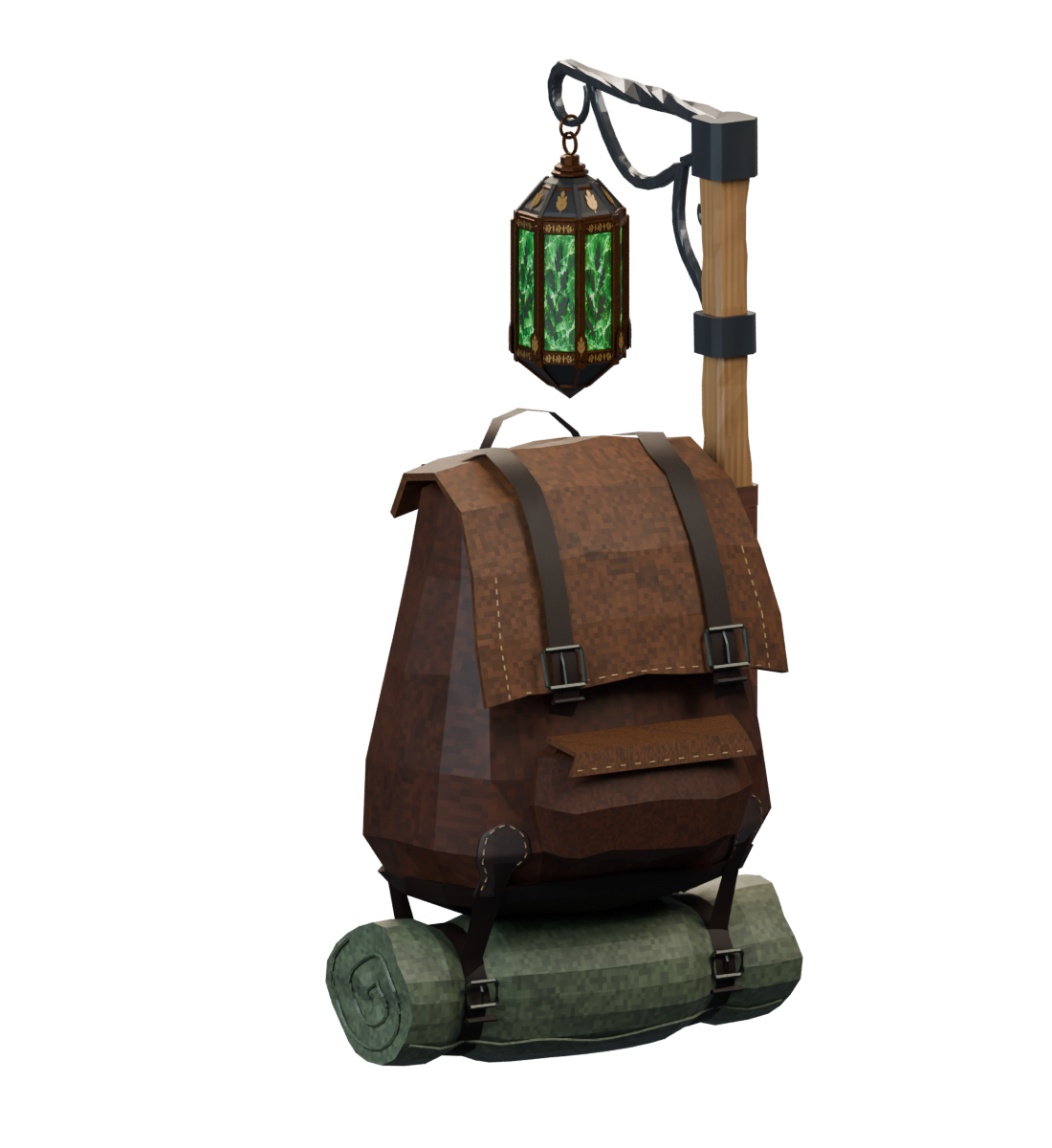 An OctoPack with its lantern mounted on the real articulated carrying arm, shown as a studio render
