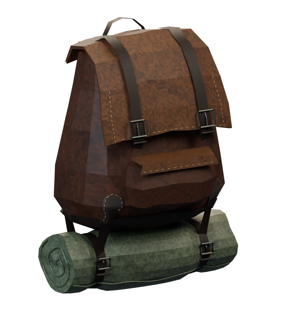 The OctoPack leather backpack with metal buckles and a rolled bedroll, rendered from its actual game model