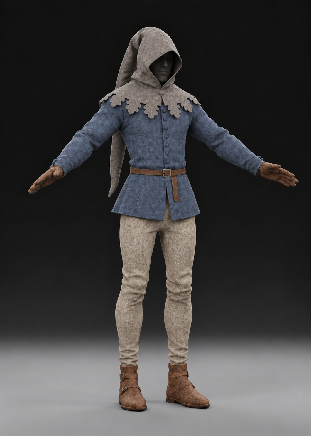 Clothing concept art of a traveler wearing a blue doublet, gray oak-leaf-edged hood, pale legwear, and brown boots