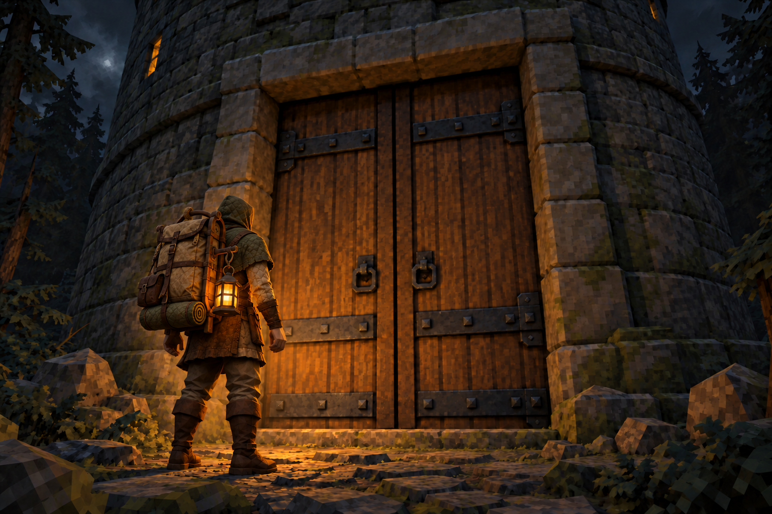 Project Shifting Tower concept art: a traveler and lantern before the tower’s oak doors