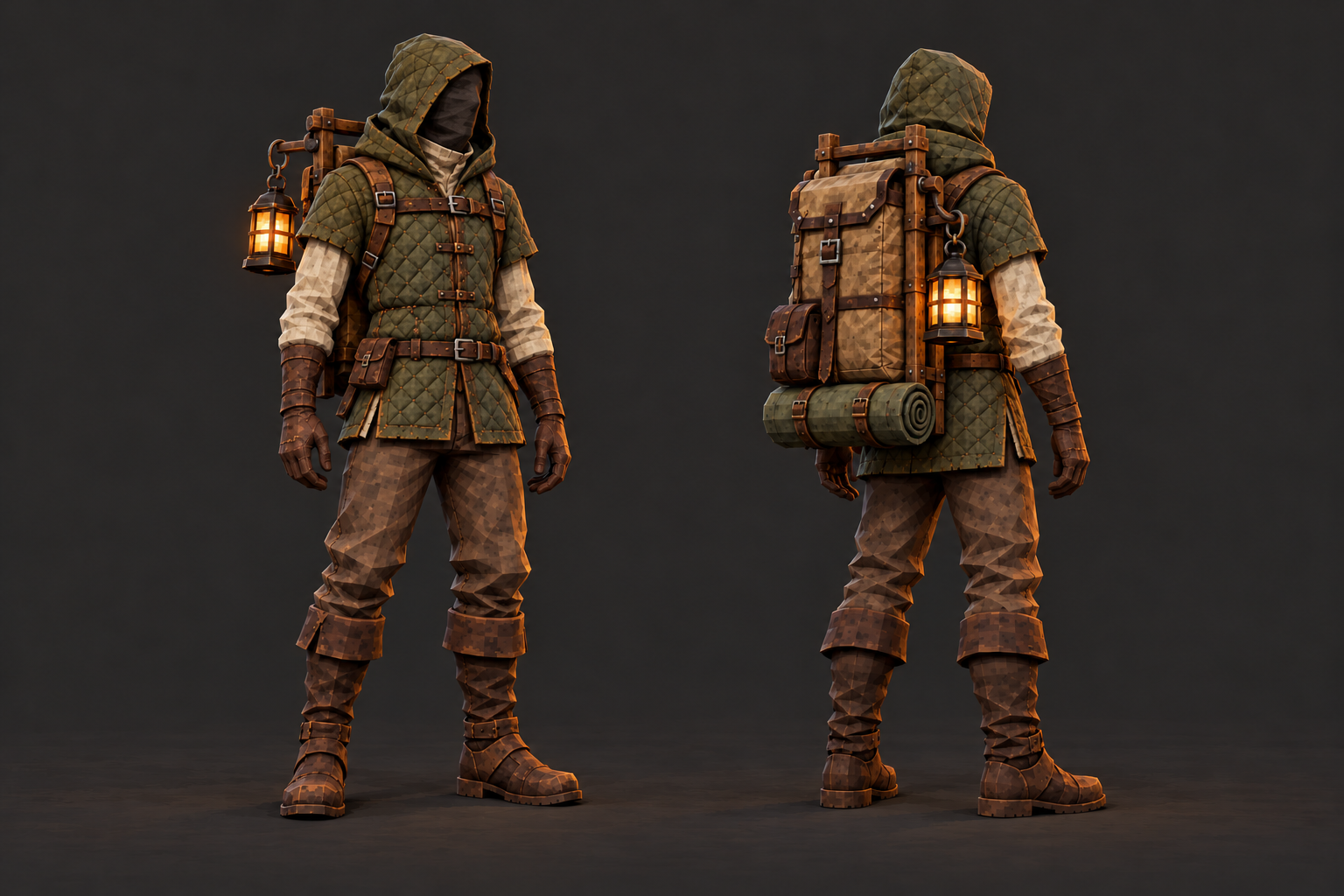 Equipment concept art showing front and rear views of a hooded traveler with a framed backpack, bedroll, side pouch, and glowing mounted lantern